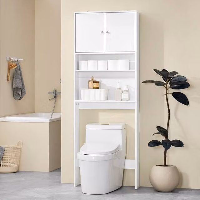 SoBuy Modern White Slim Bathroom Tall Cabinet with Soft-Close Hinged Doors and Internal Shelves – 1