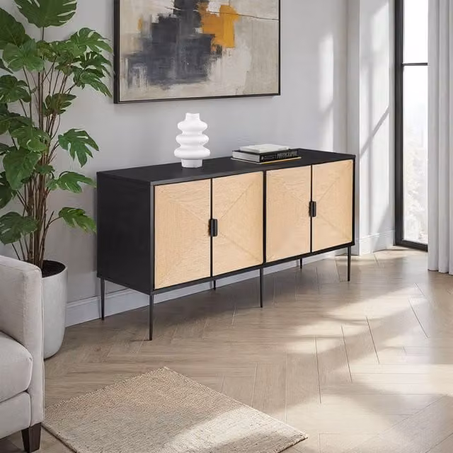 tectake Juna Boho Style Sideboard with Interior Shelves in Black and Brown