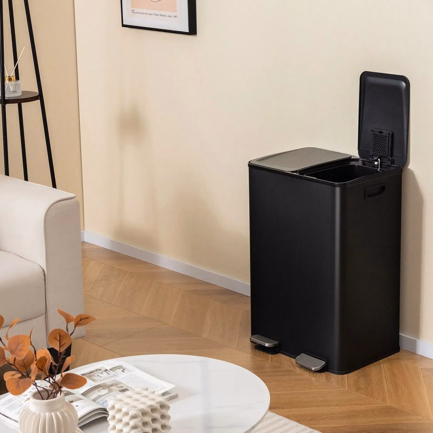 Costway 60L Dual Compartment Pedal Trash Can with 2 x 30L Bins and Odour Filters, Black – 3