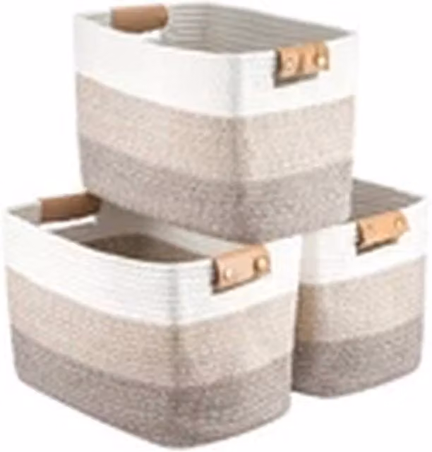 EONLION 3-Piece Cotton Rope Woven Storage Basket and Laundry Bin Set with Handles in Brown and Multicolour