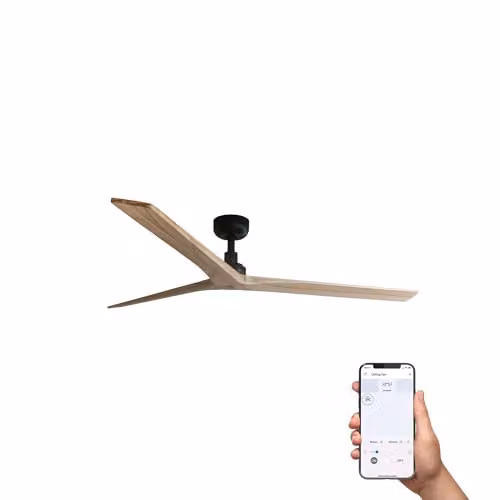 Netlighting Klim Large 3 Blade Ceiling Fan in Matt Black and Light Tan Wood with Tuya Smart App Control