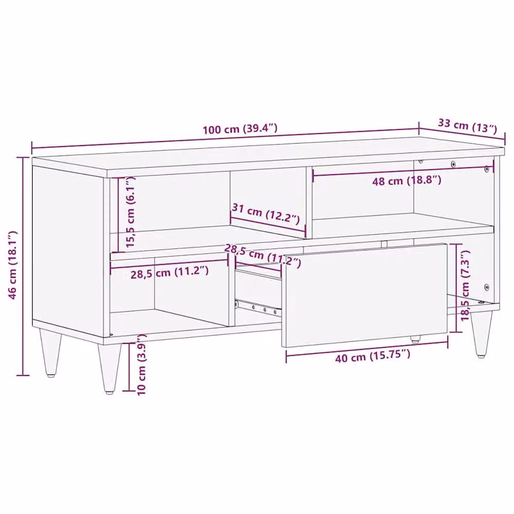 Berkfield Home Solid Mango Wood TV Cabinet in Brown, W/D/H: 100 x 33 x 46 cm – 7