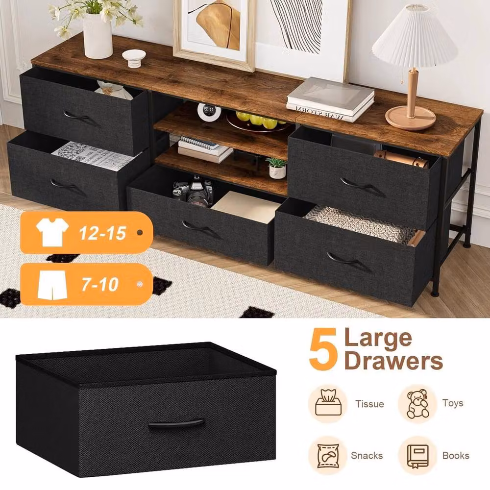 FORGEVIO Industrial Wood TV Stand Cabinet with 5 Drawers in Multicolour – 5