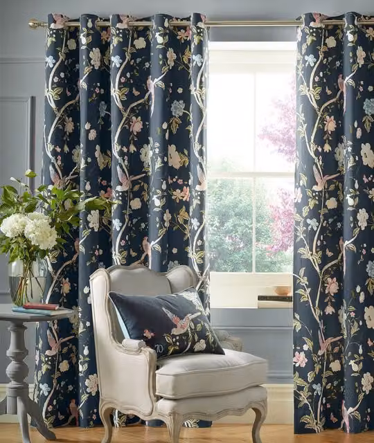 Laura Ashley Summer Palace Midnight Blue Floral Cotton Eyelet Curtains