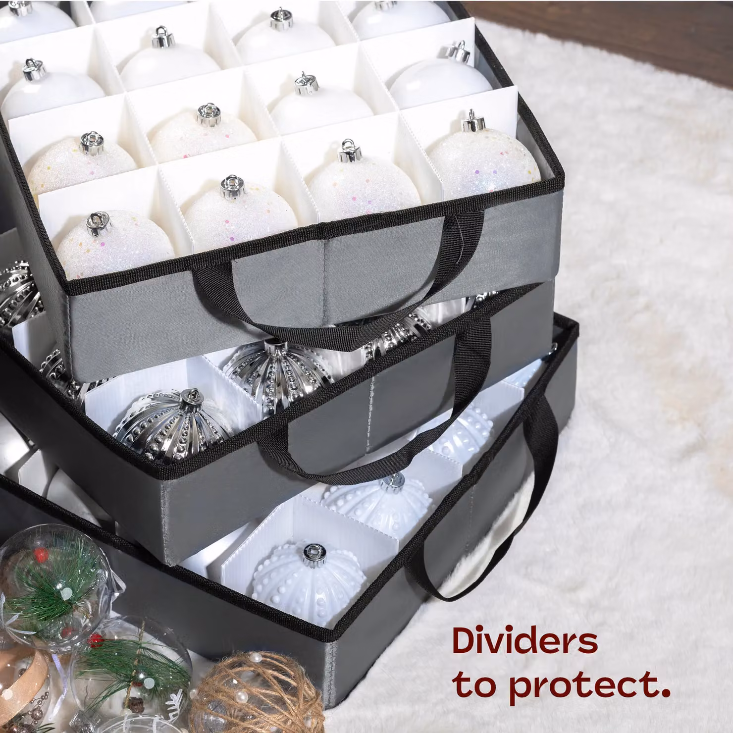 Christmas Village 64 Bauble Storage Bag with Adjustable Dividers and Removable Lid, Red and Grey – 4