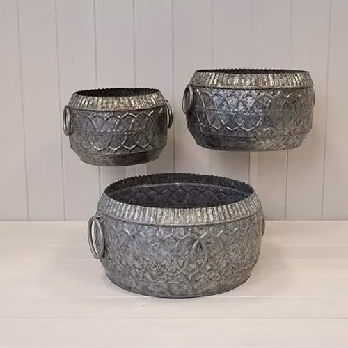 Satchville Set of 3 Geometric Galvanised Steel Planter Tubs in Silver and Grey