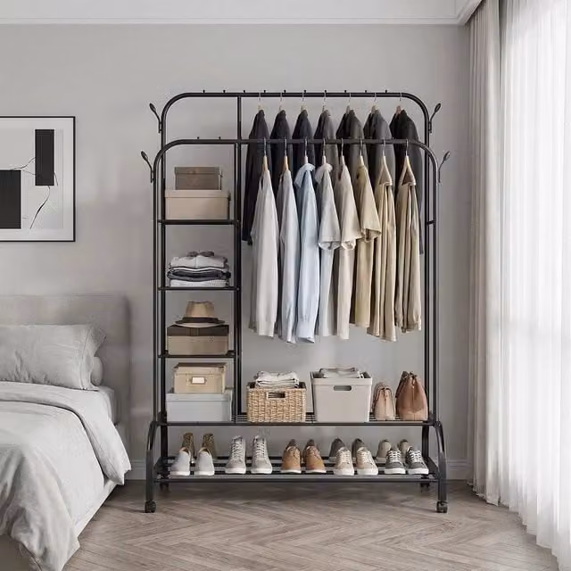 EONLION Industrial Open Wardrobe Clothes Rail Rack in Matt Black, W/D/H: 50 x 56 x 160 cm
