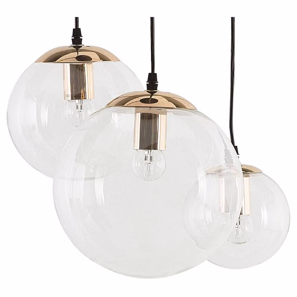 Wyld and Coco Modern 3 Light Pendant with Transparent Glass Spheres and Gold Metal Accents – 2