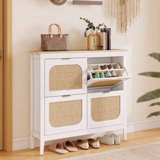 KORVIXA White Rattan Shoe Storage Cabinet with Tilting Compartments, W/D/H: 105 x 24 x 95.5 cm