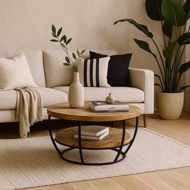 Wyld Haus California Round Mango Wood and Metal Coffee Table with Shelf in Brown and Black – 1