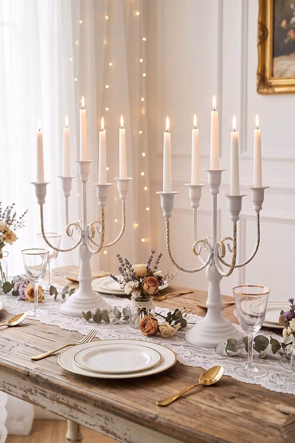 Living and Home 2-Piece Vintage 5-Arm Metal Taper Candle Holders in White – 3