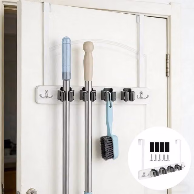 VOGREX 4 Slot Over Door Broom and Mop Holder Storage Rack in White – 1