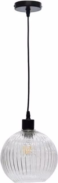 First Choice Lighting Betchley Modern Suspended Pendant Light with Transparent Ribbed Glass Sphere and Black Fitting