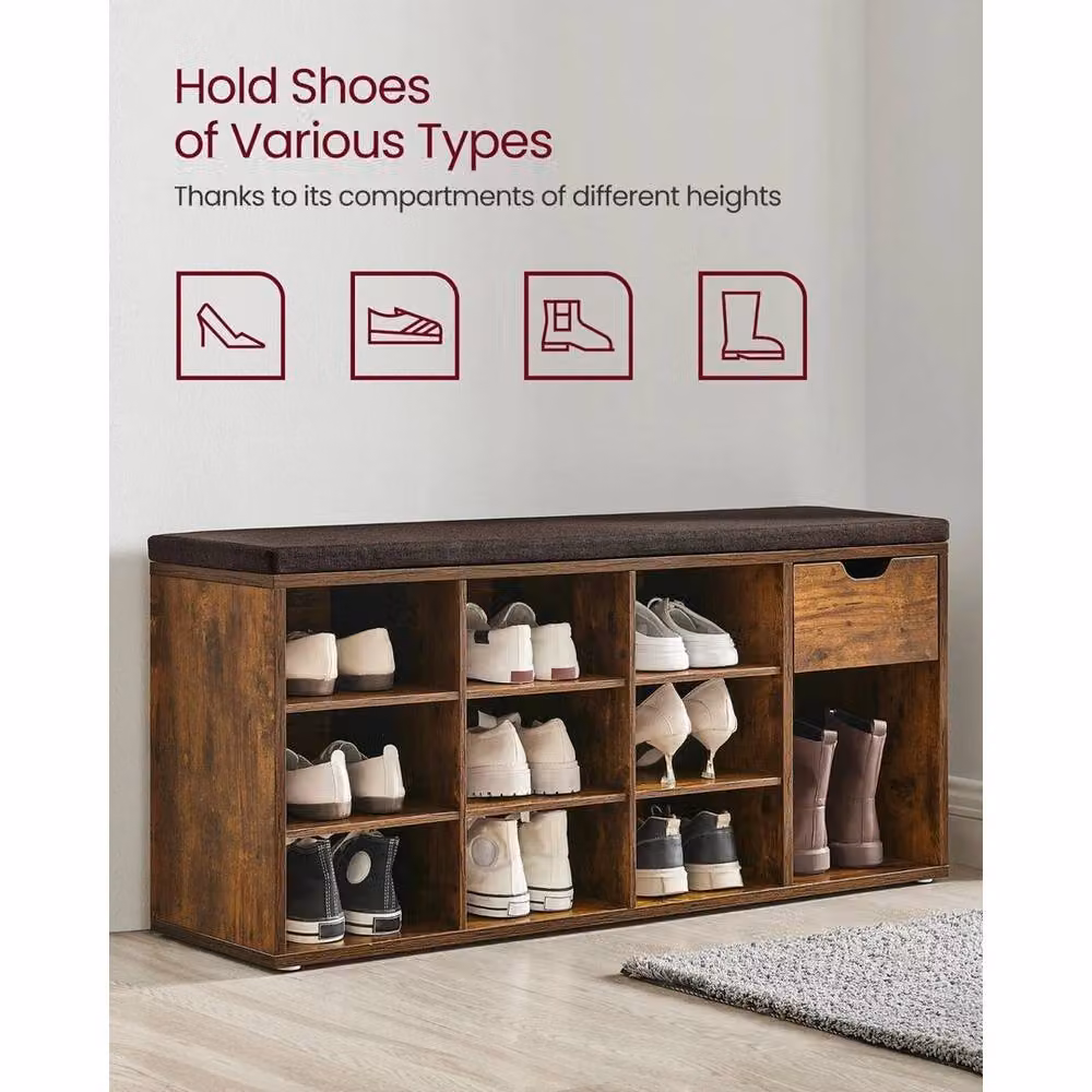 VASAGLE Modern Brown Shoe Rack and Hallway Bench with Fabric Cushion, Width: 104 cm – 4