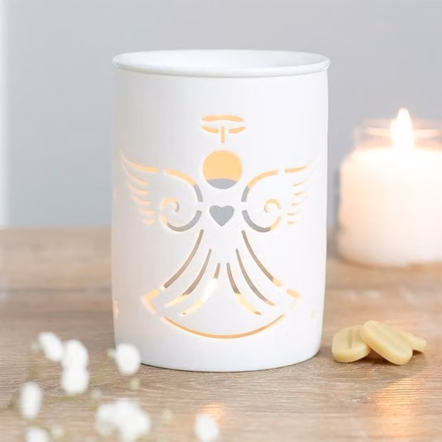 Gloriously Good Angel Aromatherapy Oil and Wax Burner in White Ceramic and Metal Tabletop Design