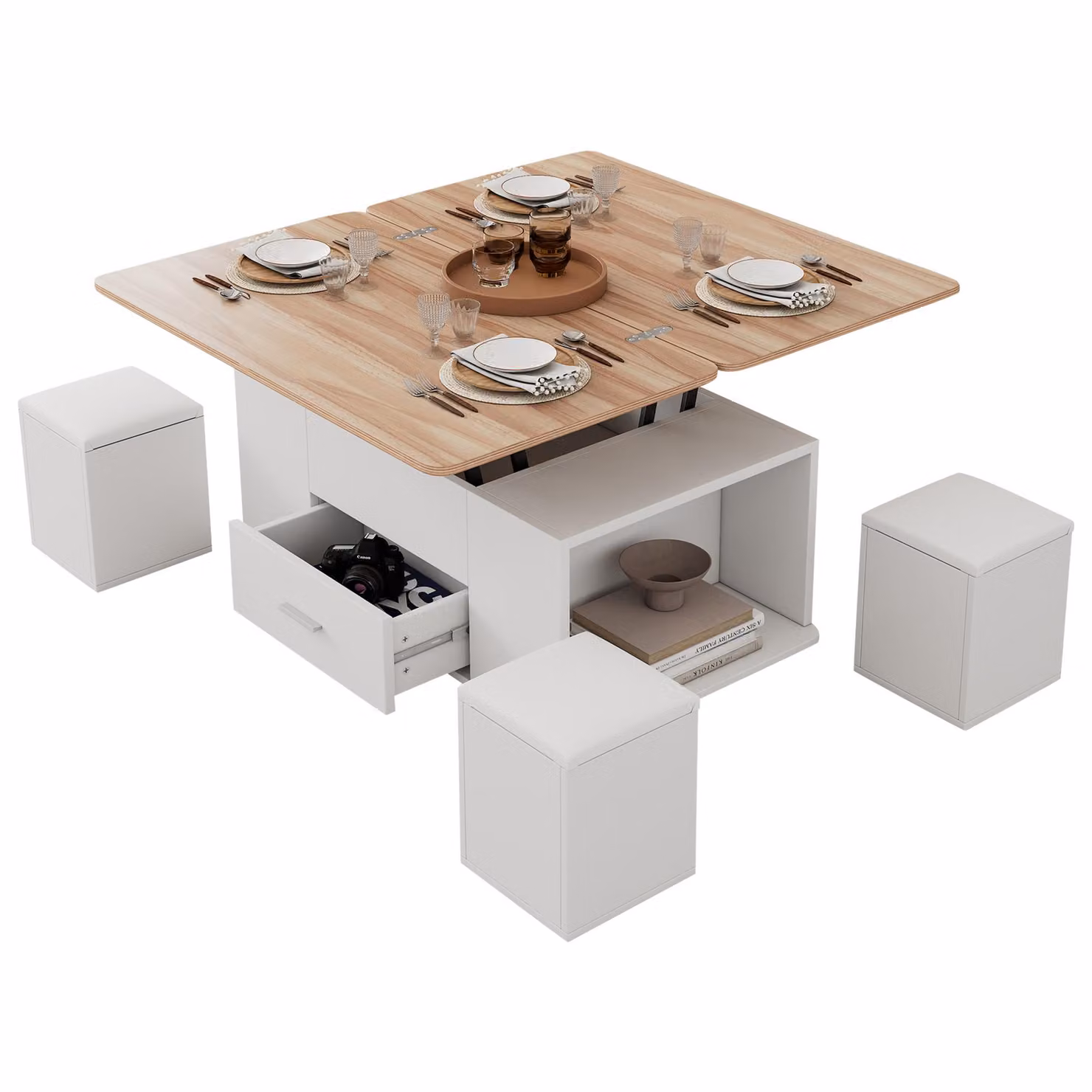 Aosom UK Extendable Coffee Table with Hydraulic Lift and 4 Hidden-Storage Stools, White and Natural, W: 100 cm, D: 50 cm, H: 45 cm – 2