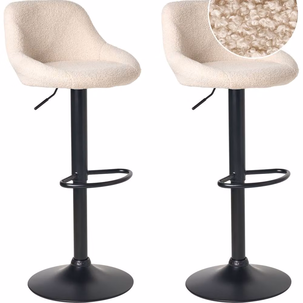 Wyld and Coco Set of 2 Adjustable Boucle Bar Stools in Light Beige with Black Powder Coated Metal Legs – 2
