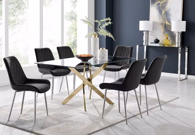 FurnitureboxUK Leonardo Gold Dining Table with Six Pesaro Silver Leg Chairs, Black and Transparent Glass, W: 150 cm, D: 90 cm, H: 75 cm