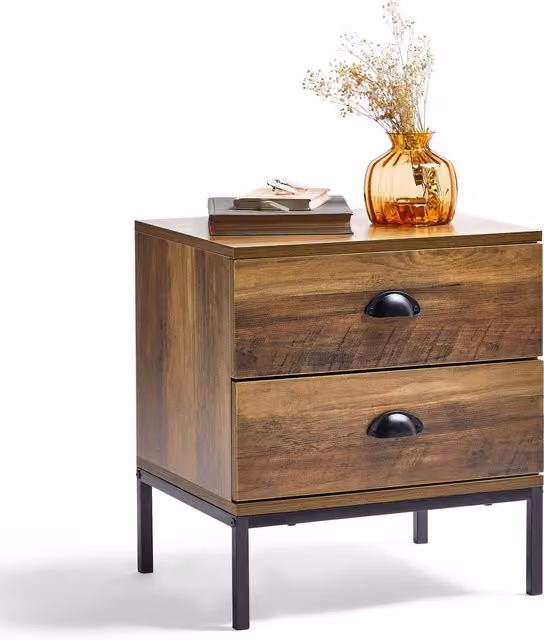 VonHaus Industrial Bedside Table with 2 Drawers in Brown and Black