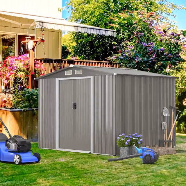 COSTWAY Grey Metal Outdoor Storage Shed with Sliding Doors and Side Vent
