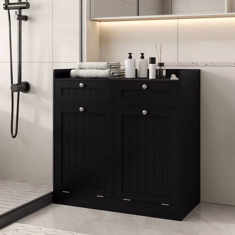 KORVIXA Modern Black Double Tilt-Out Laundry Hamper Cabinet with Internal Drawers and Hinged Doors – 3