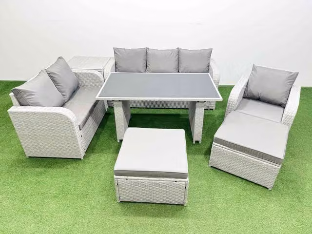 Fimous 8 Seater Rattan Outdoor Sofa Set with Side Table and 2 Stools in Light Grey