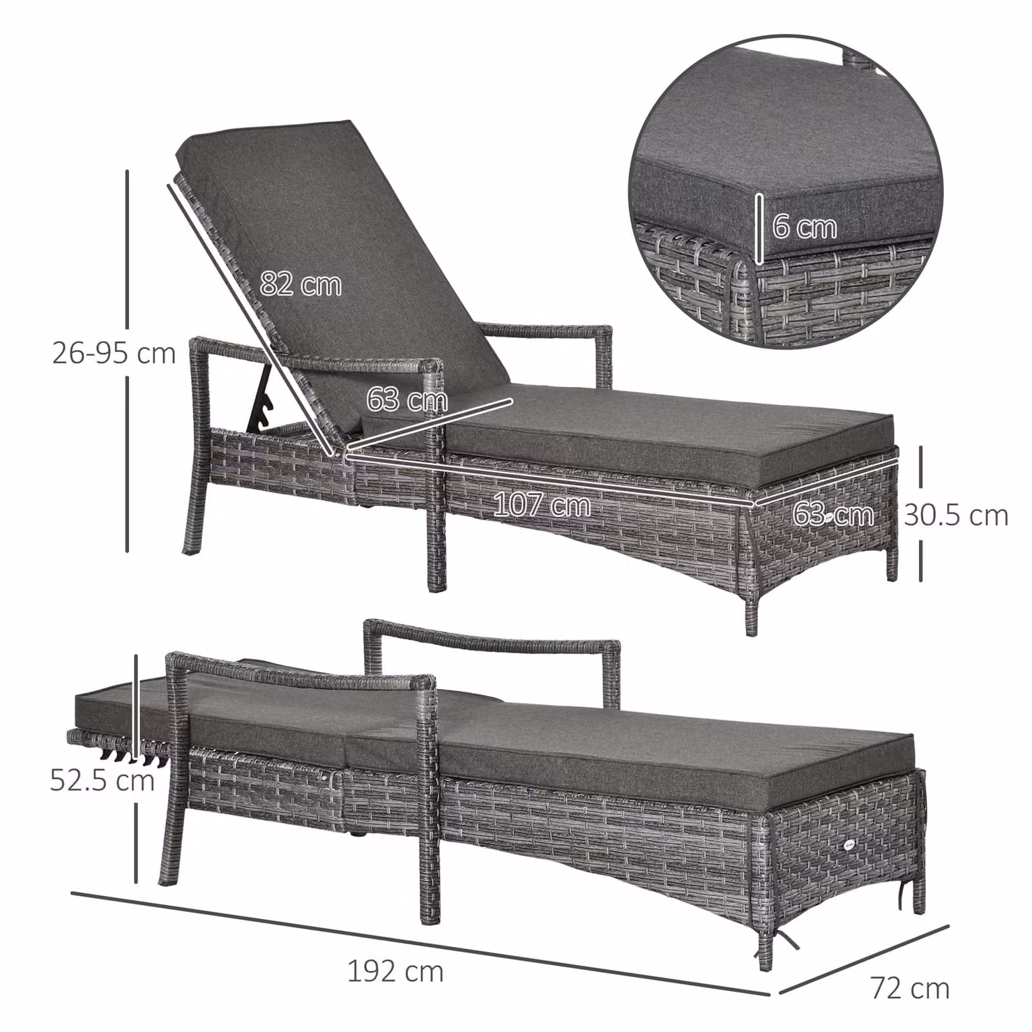 Outsunny Grey Rattan Sun Lounger with 4-Level Adjustable Headrest, W: 62.5 cm, D: 192 cm, H: 52.5 cm – 3