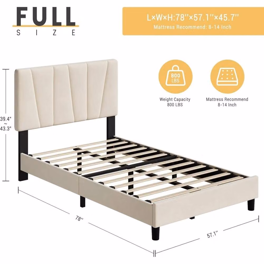 VOGREX Full Size Modern Linen Upholstered Platform Bed Frame in Beige – 2