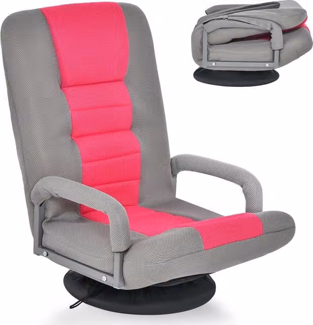 Costway 6-Position Adjustable Folding Floor Gaming Chair with Armrests in Pink