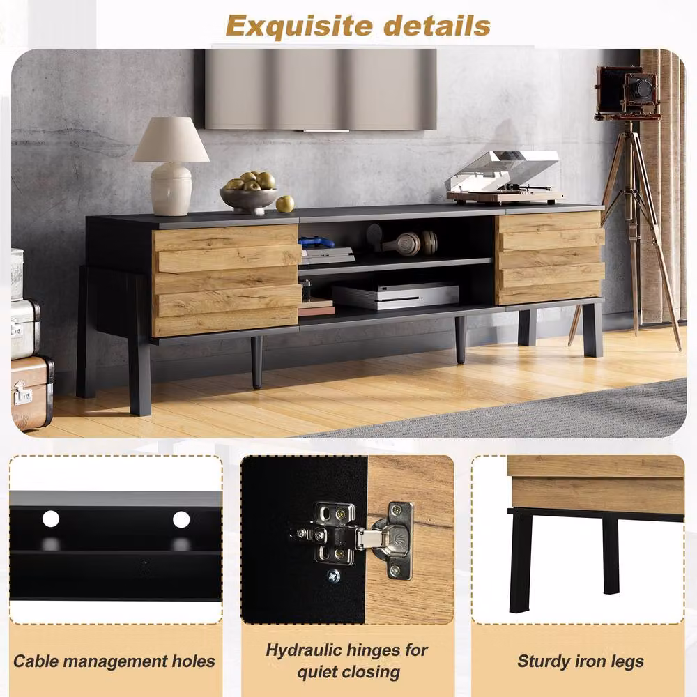 ModernLuxe Modern TV Cabinet with 2 Doors and Open Storage Space in Natural – 6