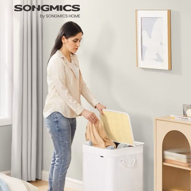 SONGMICS Foldable Laundry Basket with Lid in White and Bamboo