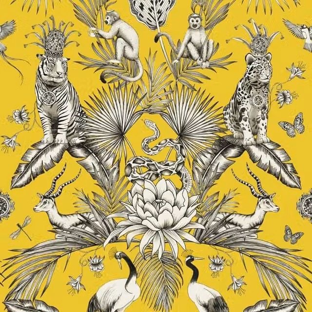 Belgravia Menagerie Animals Botanical Wallpaper in Yellow