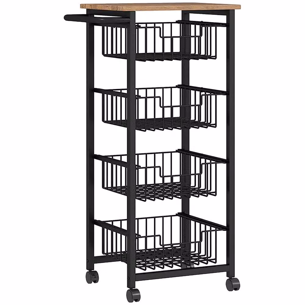 HOMCOM 4-Tier Kitchen Island on Wheels with 4 Pull-Out Baskets, Light Oak – 2