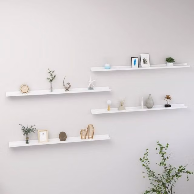 Berkfield Home Wall Mounted High Gloss White Shelves, 4 Pieces, W: 115 cm, D: 9 cm, H: 3 cm