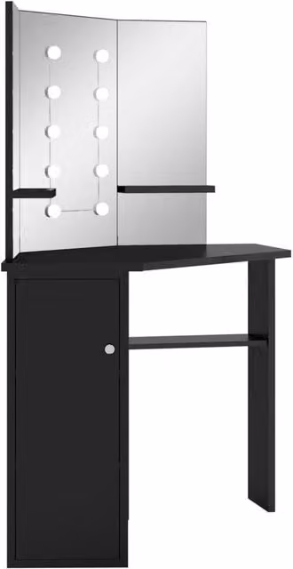 Berkfield Home Beautiful Modern Corner Dressing Table with LED Mirror in Black, W/D/H: 111 x 54 x 141.5 cm