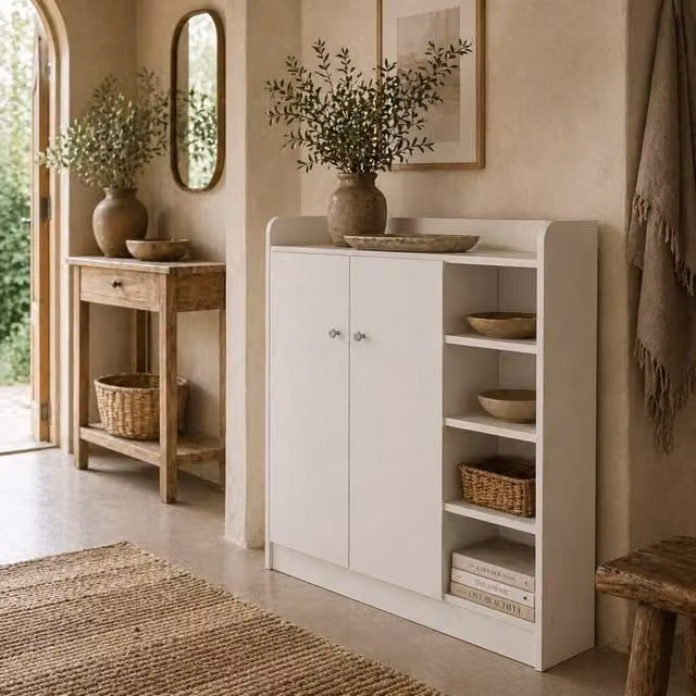 Wyld Haus Rala White Shoe Cupboard with 4 Doors and 9 Adjustable Shelves, W/D/H: 90 x 30 x 90 cm
