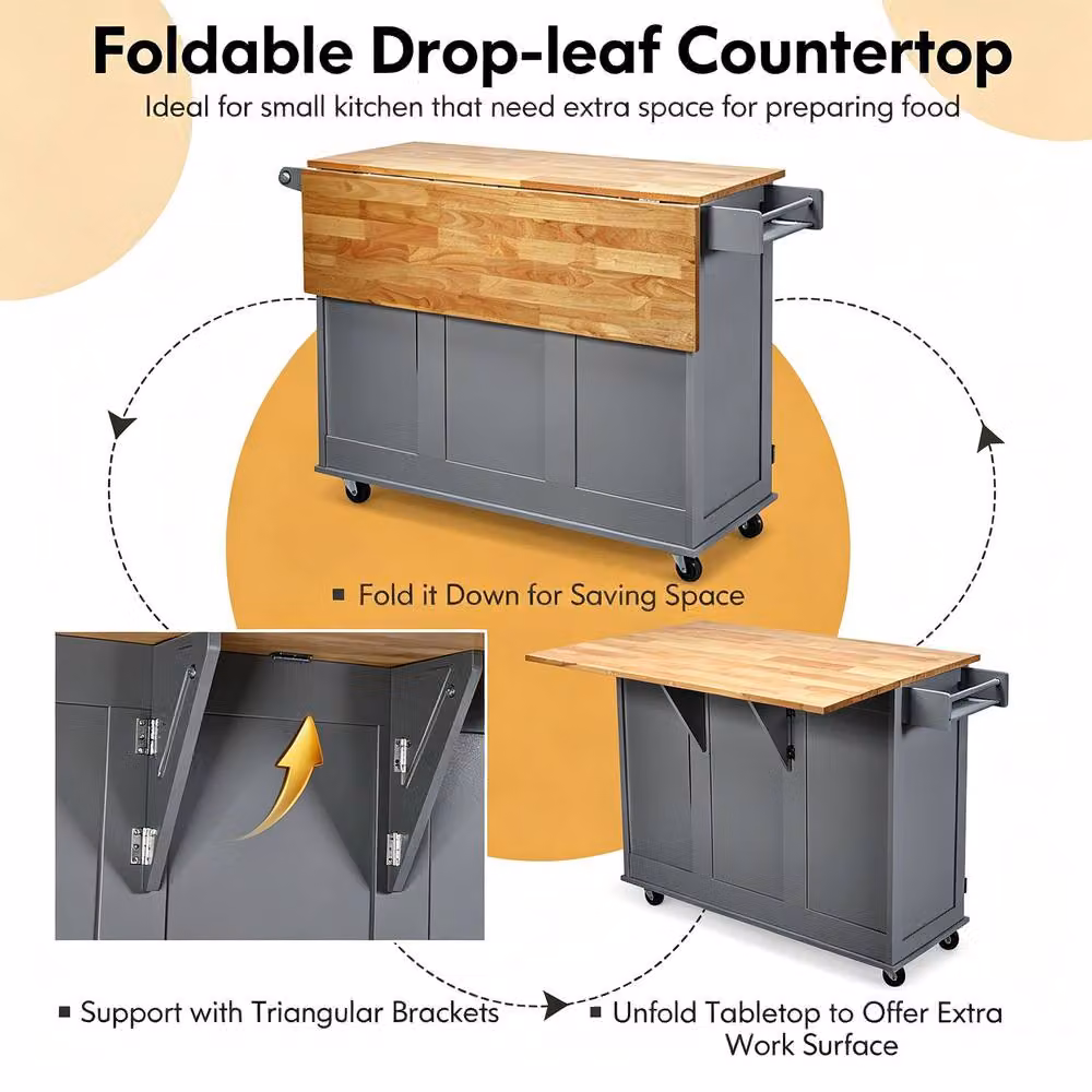 Costway Grey Serving Cart with Rubberwood Drop Leaf Tabletop and Castors – 4