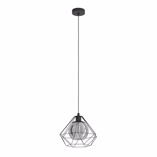 Eglo Vernham Industrial Caged Single Pendant Light in Black with Transparent Glass Sphere – 1