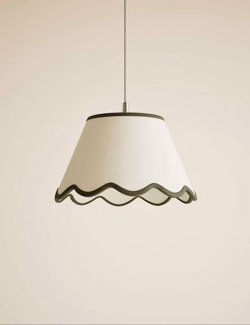 M&S Modern Fabric Cone Lamp Shade with Scallop Trim in Green and White