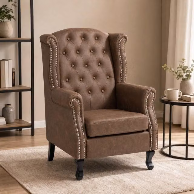 STILVORA Chesterfield Armchair with Solid Wood Frame and Brown Synthetic Leather – 1