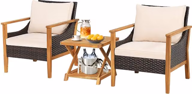 Costway 3 Piece Brown Acacia Wood and Rattan Patio Table and Chair Set