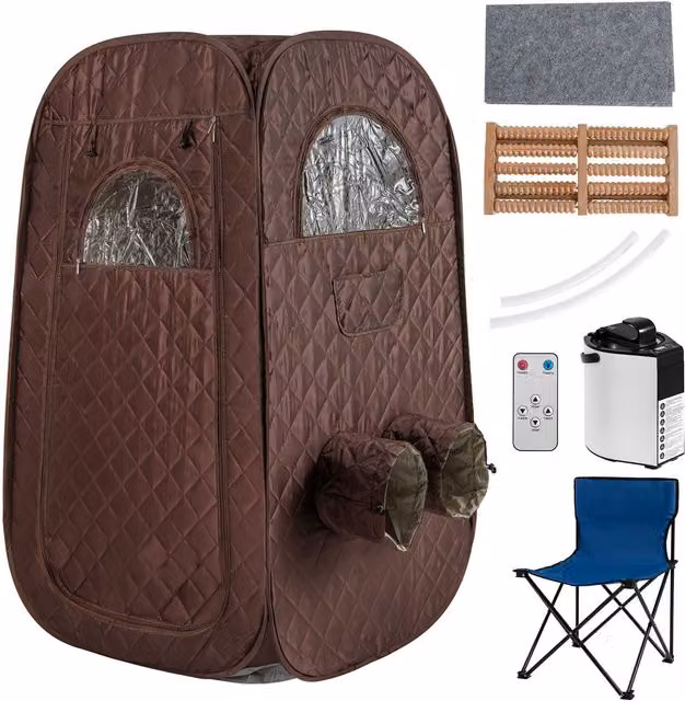 Costway Coffee Foldable 1-2 Person Steam Sauna Tent in Brown