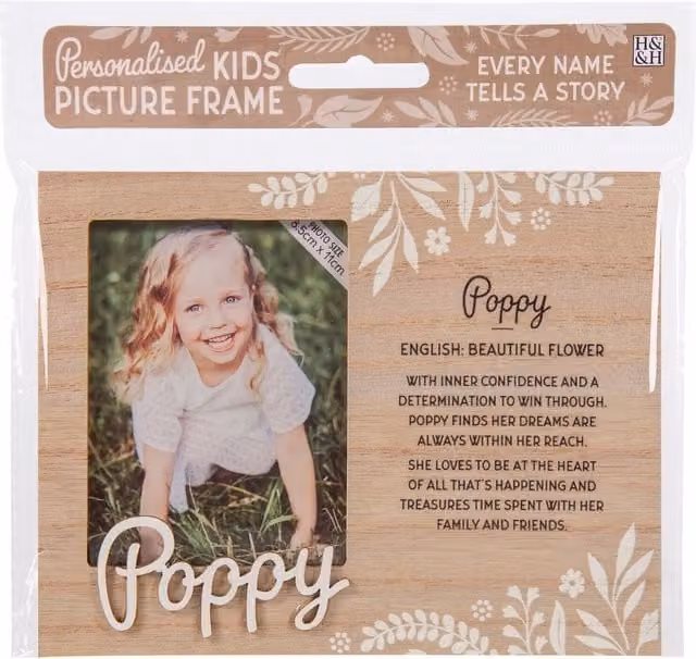 History & Heraldry Poppy Pre-personalised Child's Rectangular Wooden Tabletop Picture Frame in Brown