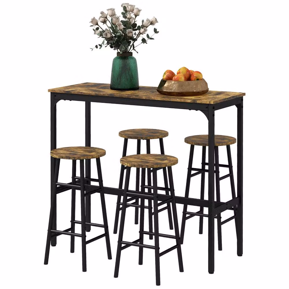 STILVORA Industrial Bar Table Set with 4 Stools in Brown and Black Wood and Metal – 4
