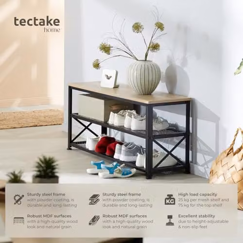 tectake 3-Tier Industrial Shoe Rack with Wood-Look Top Shelf and Black Metal Frame, W/D/H: 101 x 30.5 x 45.5 cm – 2