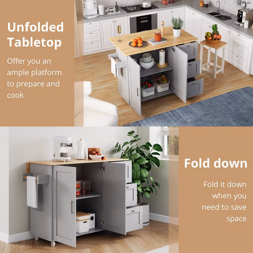 BTM Rolling Kitchen Island with Foldable Top, 3 Drawers and 2 Doors in Grey, H 90 x W 70 x D 70 cm – 3