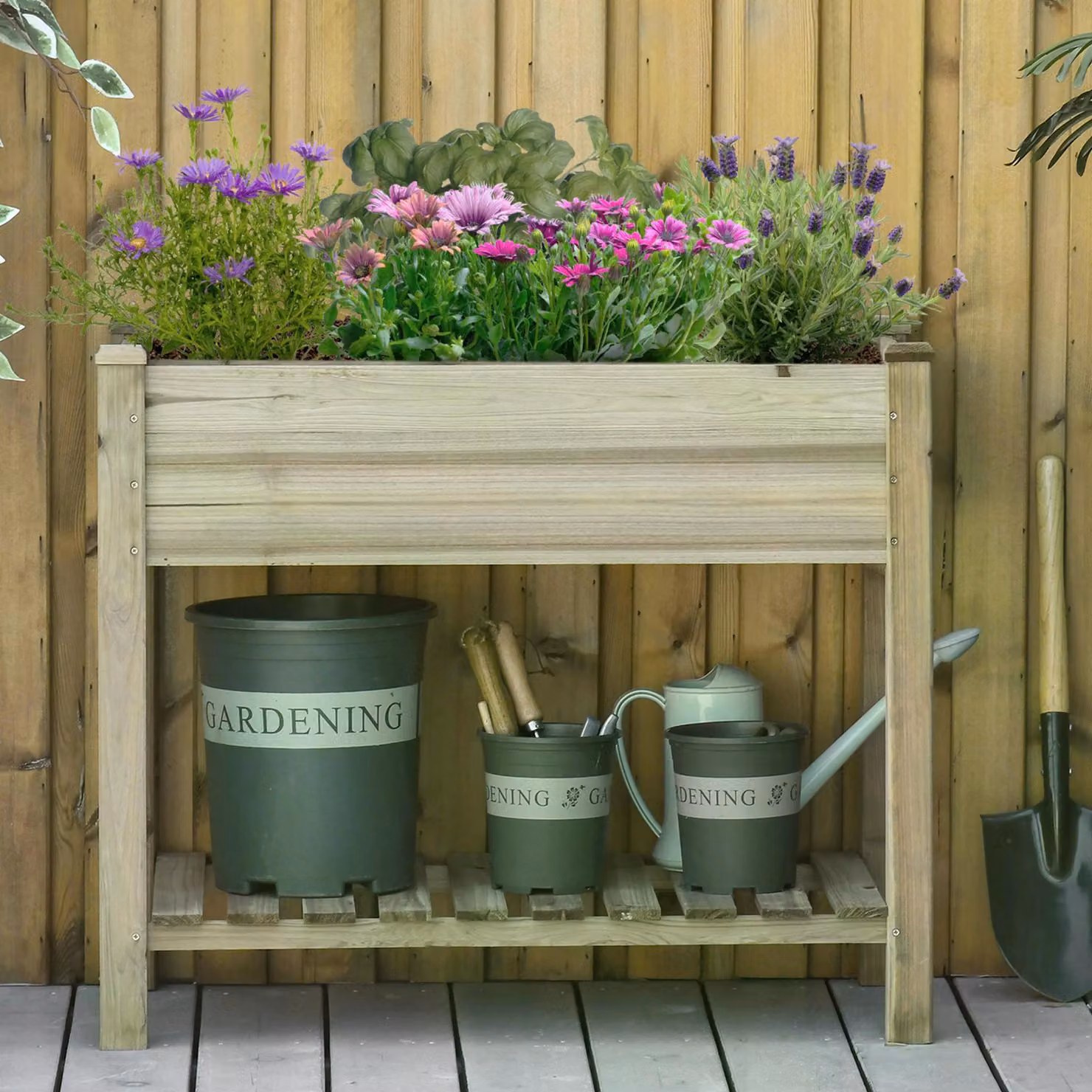 Outsunny Brown Wooden Raised Garden Planter with Legs and Storage Shelf – 2