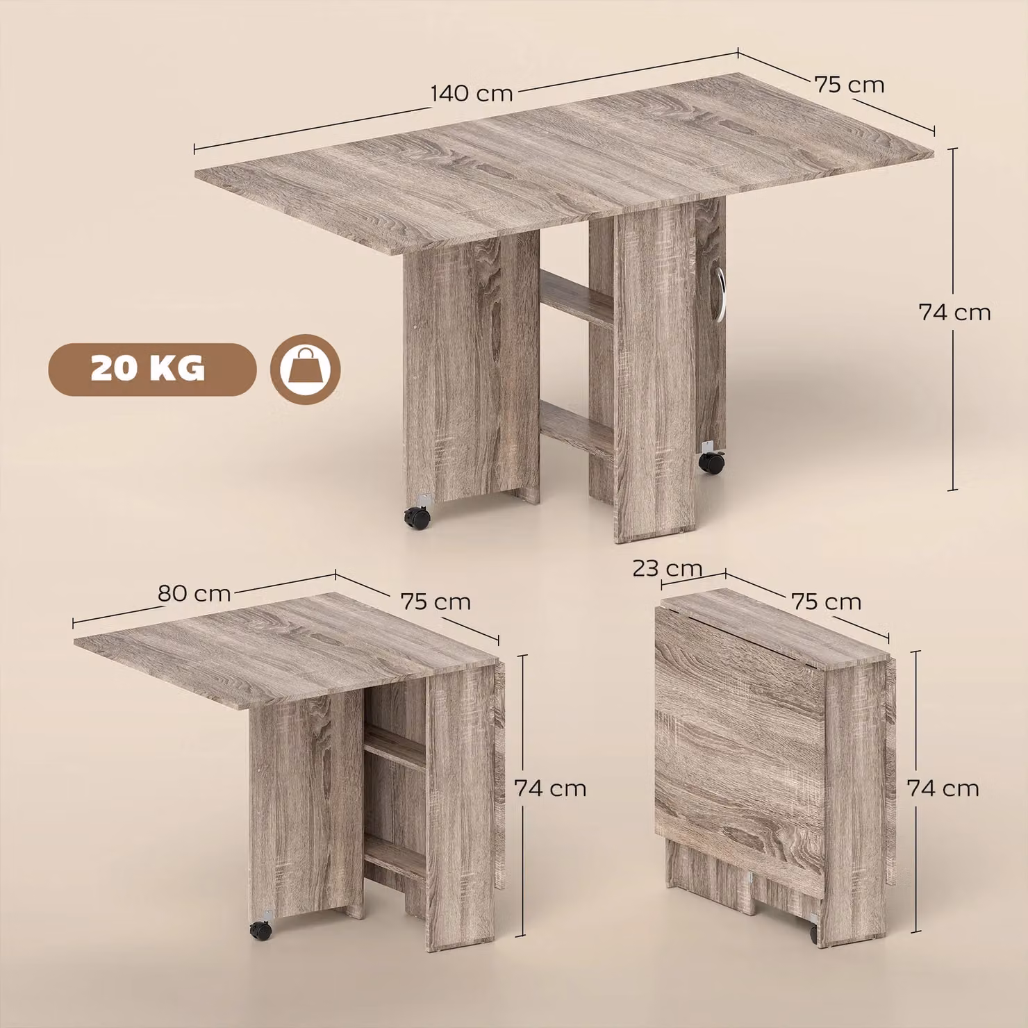 HOMCOM Grey Modern Folding Butterfly Leaf Dining Table for 4-6 People, W: 80-140 cm, D: 60 cm, H: 74 cm – 3