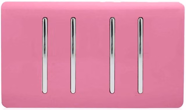 Trendi 4 Gang 2 Way Screwless Raised Front Quad Electrical Wall Light Switch in Candy Pink with Chrome Rockers