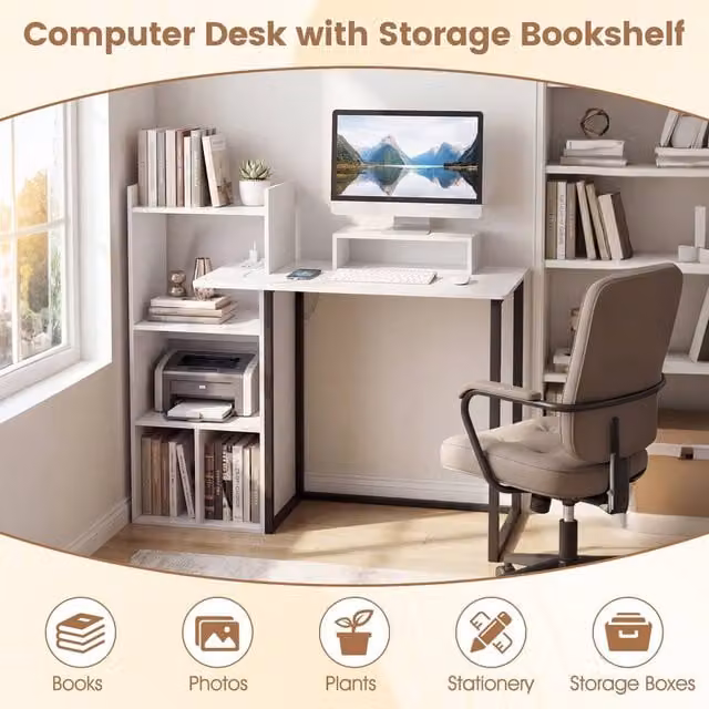 Costway Computer Desk with Monitor Stand and Charging Station in White – 1